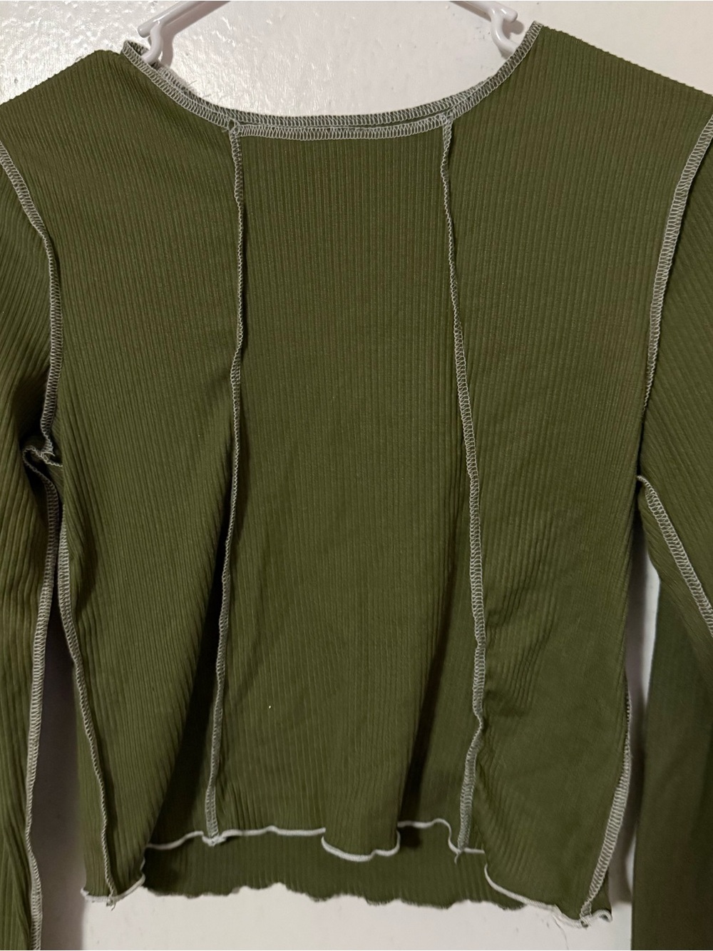 Olive Green Ribbed Seam-Detail Sweater